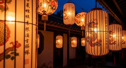 Illuminated Chinese Lanterns Displayed Outdoors at Night.