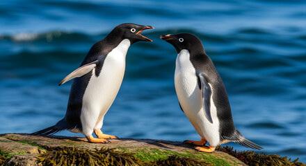 Two adlie penguins interacting on a rocky shore