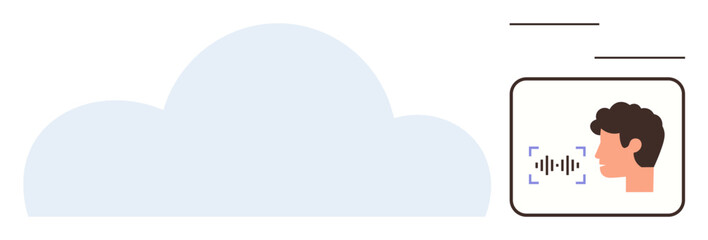 Large cloud next to profile with audio wave, representing storage, voice commands, AI. Ideal for cloud storage, voice control, AI, data access connectivity automation modern tech. Simple flat