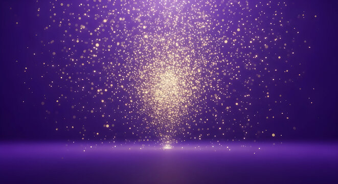祝祭と達成の輝き: 黄金の紙吹雪が舞うロイヤルパープルのステージ背景