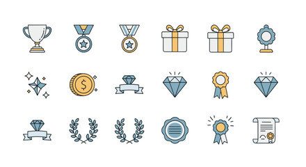 Collection of flat design icons representing rewards, achievements, and success, including trophies, medals, diamonds, gift boxes, coins, and certificates, presented in a clean, modern, two-color