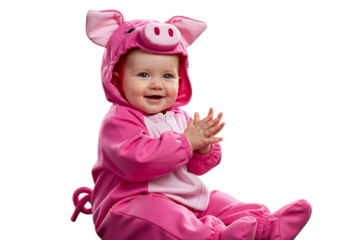 Adorable baby in pink pig costume claps with joy and laughter