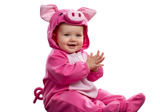 Adorable baby in pink pig costume claps with joy and laughter