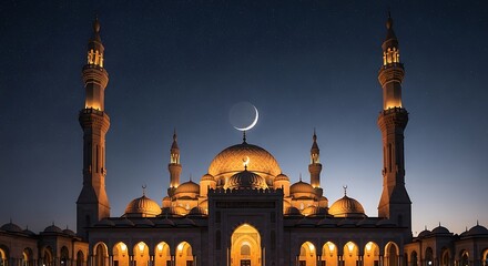 Majestic Mosque Illuminated at Night with Crescent Moon.