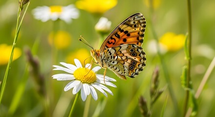 Painted Lady Butterfly on Daisy Flower in Summer Meadow.