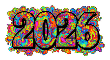 Fototapeta premium Colorful abstract 2026 numbers with psychedelic pattern isolated on transparent background