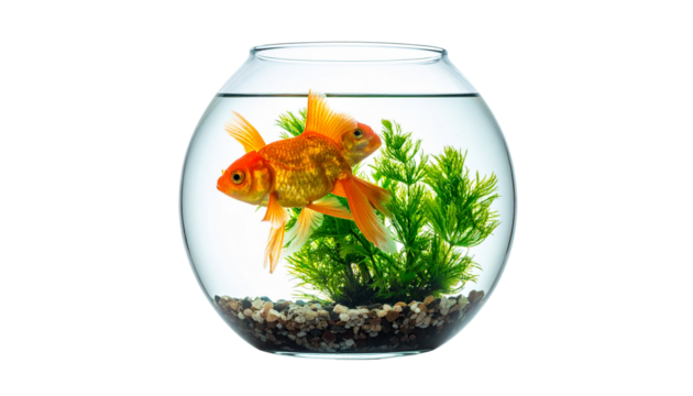 Goldfish Swimming in Glass Aquarium with Green Aquatic Plants on White Background