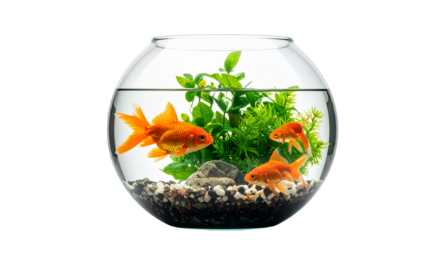 Goldfish Swimming in Glass Aquarium with Green Aquatic Plants on White Background