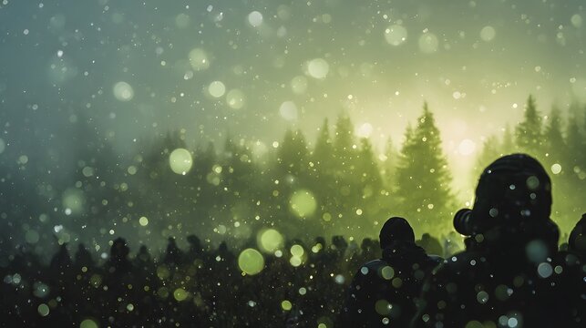 Ethereal bokeh lights illuminate a misty forest with silhouetted figures and evergreen trees at twilight