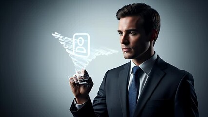Businessman Interacting with Digital Interface Featuring Hourglass Icon on Light Blue Background in Professional Studio Lighting - Powered by Adobe