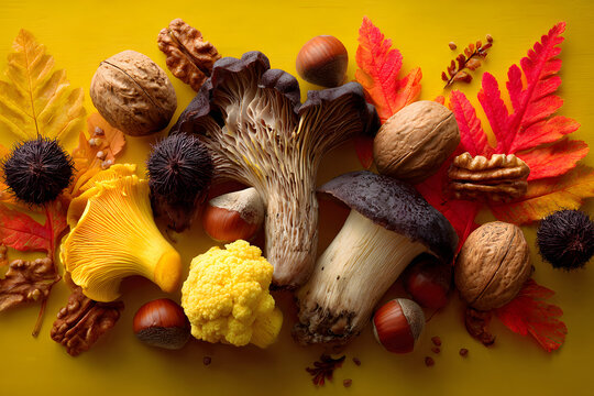 Composition with mushrooms, nuts and autumn leaves on yellow background