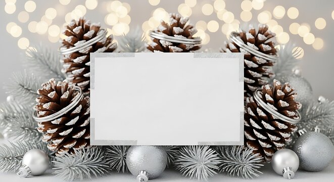 Festive winter arrangement with pine cones, frosted branches, and blank card for holiday greetings