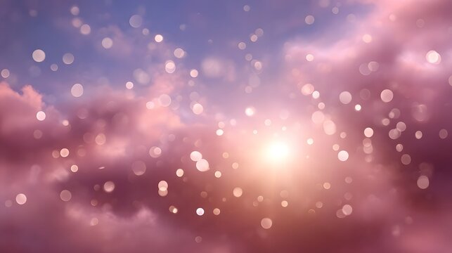 Dreamy sky with soft pink clouds and luminous bokeh lights evoking a magical and serene atmosphere