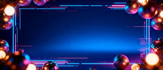 Christmas neon background. Colorful festive background with glowing ornaments and lights, creating a vibrant atmosphere for holiday celebrations, featuring ample copy space for text or design elements