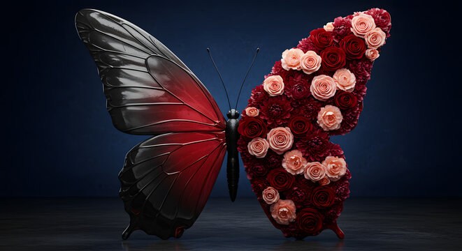 Butterfly with one wing made of flowers - Powered by Adobe