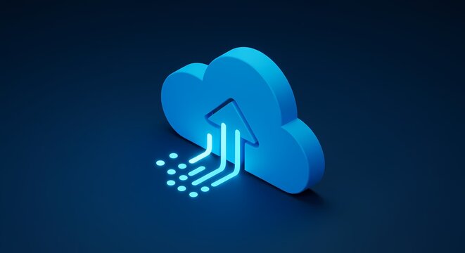 3D illustration of a cloud symbol with an upward arrow, representing data upload and cloud storage