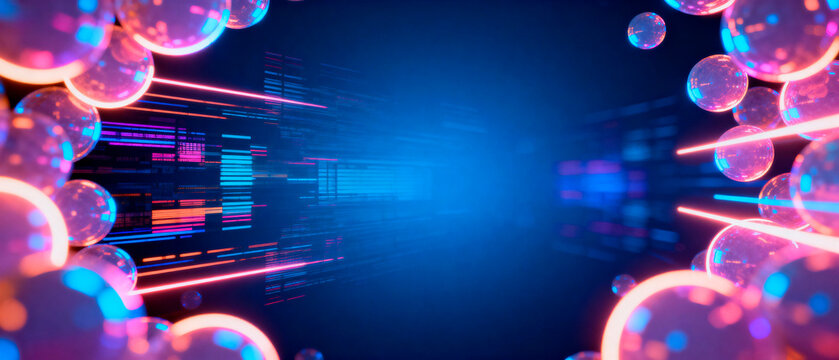 Christmas neon background. Abstract digital background featuring glowing spheres and vibrant lines creating a futuristic atmosphere with depth and motion, ideal for technology themes