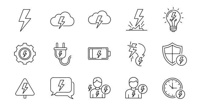Collection of lightning bolt and electricity-themed thin line icons, including clouds, lightbulbs, batteries, plugs, gears, shields, warning signs, chat bubbles, people, and clocks, perfect for web