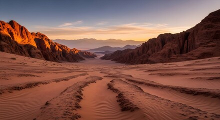 Naklejka premium Golden Hour Desert Landscape: Dramatic Red Rock Canyons and Rippled Sand Dunes at Sunrise