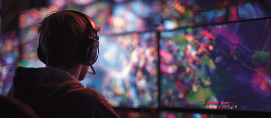 E Sports in Match, pro gamer team with male, wearing headphones, playing esports game on computer, global online streaming	