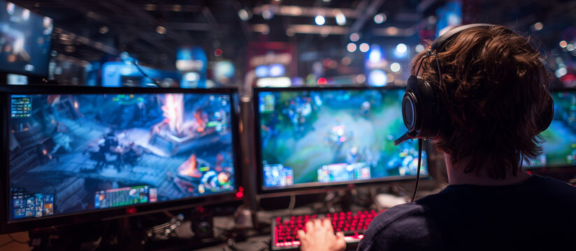 E Sports in Match, pro gamer team with male, wearing headphones, playing esports game on computer, global online streaming	