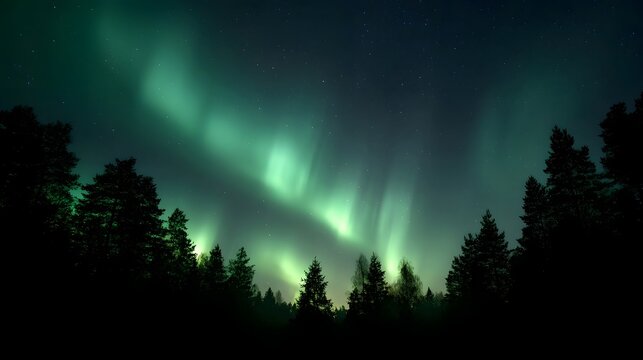 Vibrant green aurora borealis illuminates the night sky casting an ethereal glow over a dark silhouetted forest with visible stars
