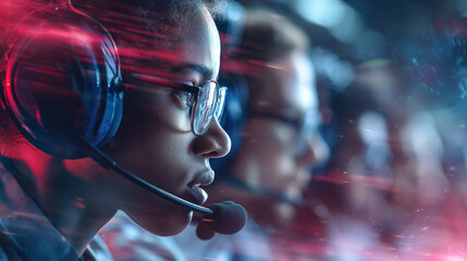 E Sports in Match, pro gamer team with male, wearing headphones, playing esports game on computer, global online streaming	