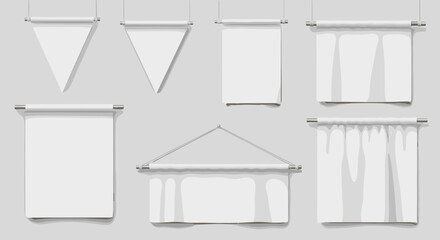 Realistic white vinyl or textile material poster on string 3D mockup vector set, featuring hanging pennants, stretched canvas, and various banner shapes, perfect for graphic design and branding