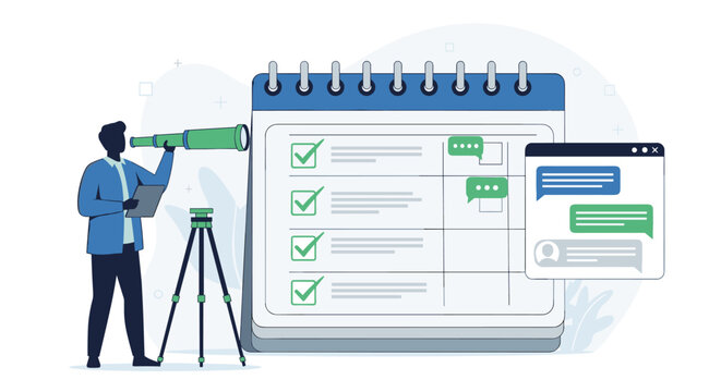 Business professional with telescope and tablet near a calendar with completed tasks and chat window, symbolizing teamwork, productivity, task management, planning, and future vision in a modern flat