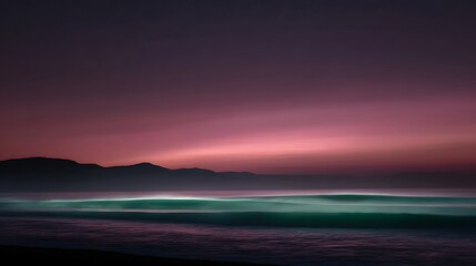 Serene seascape at dawn with glowing pink sky and emerald waves under a starry expanse