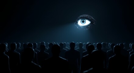 A crowd of shadowy figures gazing up at a large, illuminated eye in a dark, mysterious setting