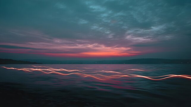Glowing light streaks dance on calm water under a colorful twilight sky at dawn