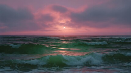 A vibrant sunset paints the sky with pink and purple hues casting a warm glow upon the deep green ocean waves crashing near the shore under a cloudy