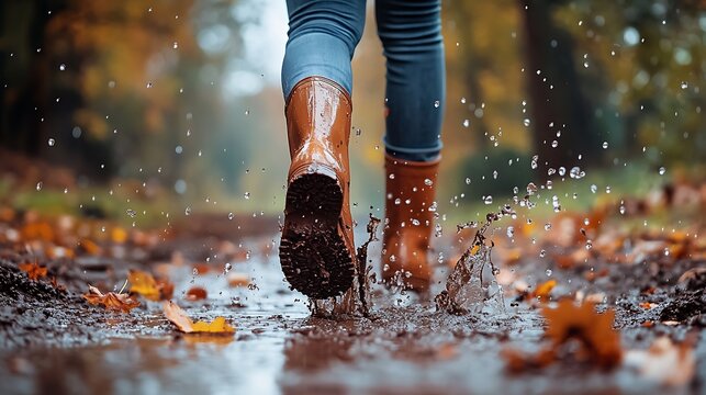 A person walking in brown boots through a muddy puddle with water splashing up around the boots and legs