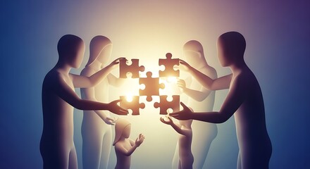A collaborative team combining radiant puzzle elements, symbolizing the powerful synergy of unity, innovation, and problem-solving for a brighter future