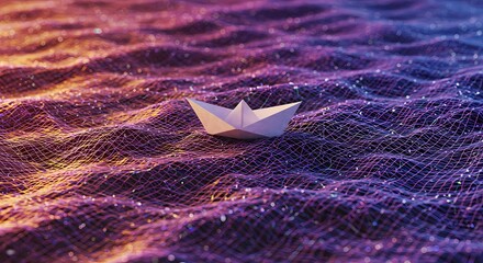 A delicate paper boat floats serenely on a shimmering, colorful ocean wave at sunset, evoking tranquility