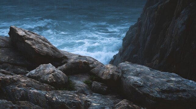 A dramatic and moody seascape featuring turbulent waves crashing against rugged wet rocks under a rainy sky at dusk - Powered by Adobe