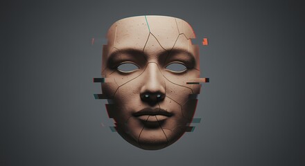 A digitally created fragmented human face with cracks, set against a dark gradient background
