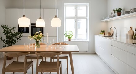 Fototapeta premium Modern Scandinavian Kitchen and Dining Area with White Cabinets, Wooden Table, and Pendant Lights