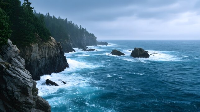 A dramatic view of a rugged coastline with waves crashing against cliffs under an overcast sky
