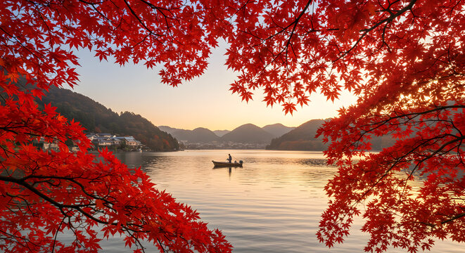 Beautiful autumn lake with red maple leaves and boat