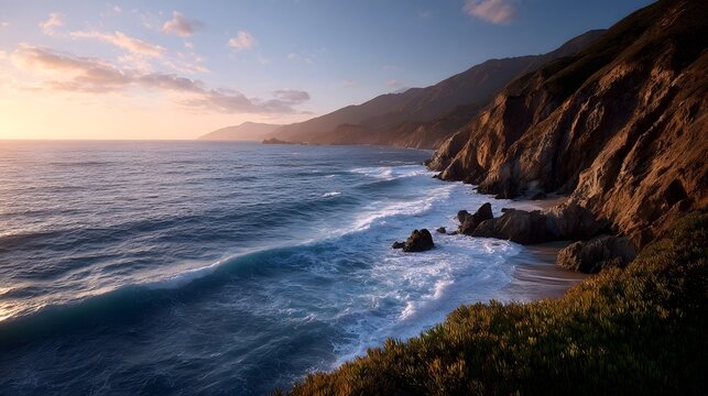 Dramatic coastal cliffs overlook the ocean at sunset with waves crashing onto a sandy beach below