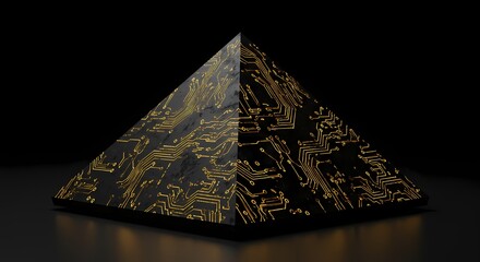 A futuristic pyramid with intricate yellow circuit patterns against a dark background, symbolizing technology