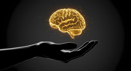 A glowing brain suspended above an outstretched hand against a dark background, symbolizing knowledge