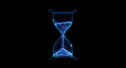 A glowing hourglass filled with vibrant blue and purple particles representing the passage of time