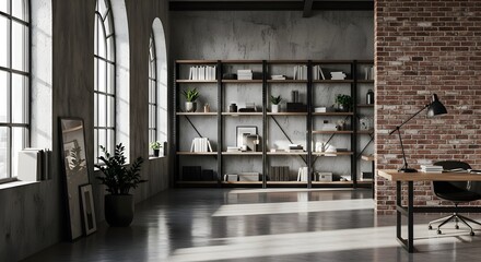 Modern Industrial Loft Office with Large Windows, Bookshelves, and Desk - Natural Light and Brick Wall Accents