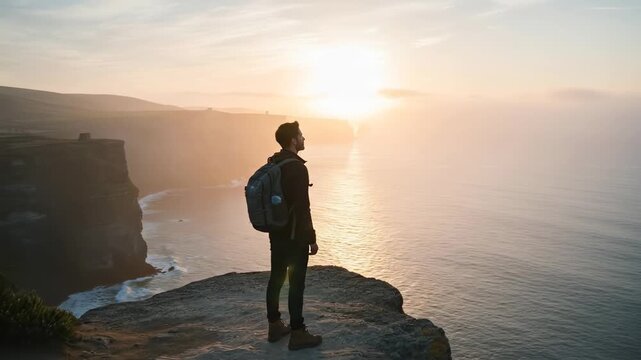 Silhouette of a Hiker on a Cliff at Sunset - A Moment of Solitude.