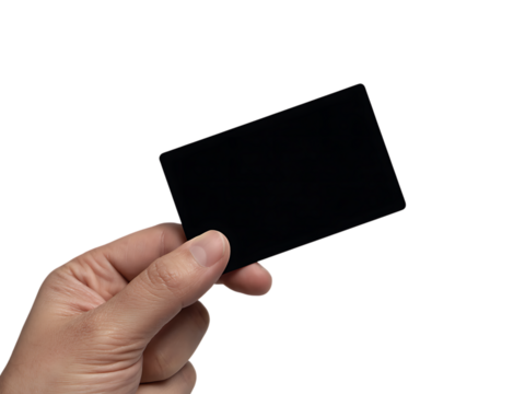 Hand holding a blank black rectangular card against a dark background graphic design Hand Mockup for Product and Branding Display