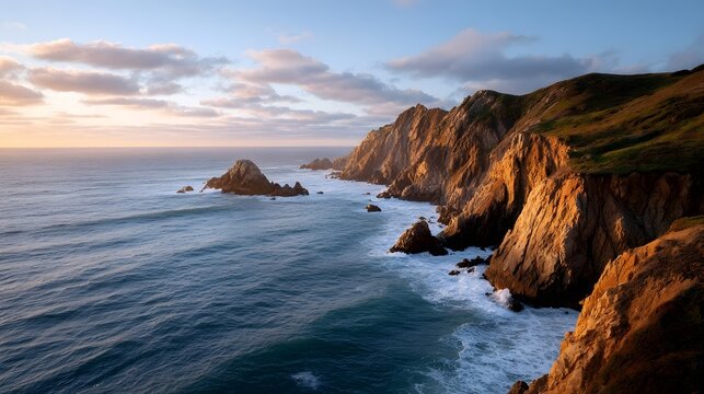 Rugged coastal cliffs bathed in golden hour light with waves crashing against the shore - Powered by Adobe