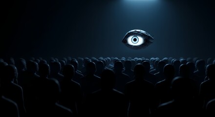 A large, surreal eye hovers over a crowd of shadowy figures in a dark setting, evoking mystery